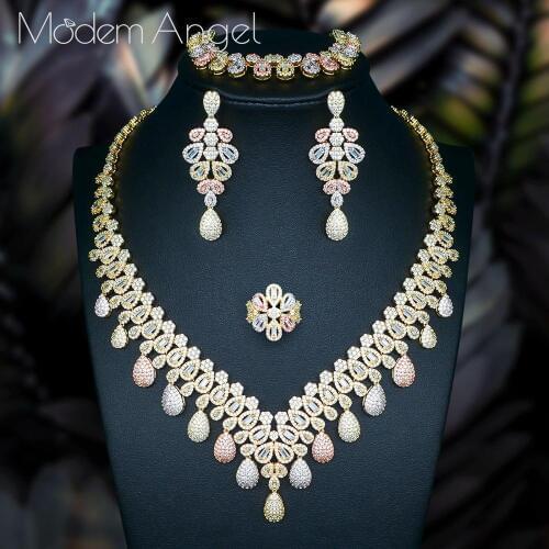 ModemAngel Luxury cubic zirconia necklace bracelet earrings and ring 4pcs dubai full jewelry set for women,bridal dress dinner