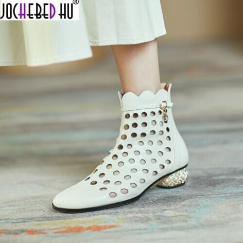 JOCHEBED HU 2021 New Large Size Womens Boots Sexy Hole Boots Fashionable and Comfortable Leather Womens Shoes Party Shoes Hole