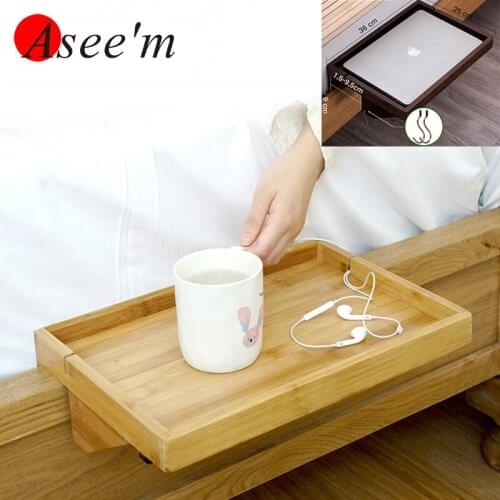 Durable Bamboo Wood Bedside Table Storage Rack Bed Side Tray For Laptop Phone Drink Book Adjustable Bathtub Tray Caddy Shelf