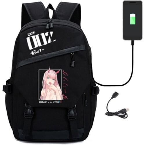 Darling In The Franxx Backpack Zero Two Anime Print Cosplay Black Cute Unisex USB Charging Laptop Shoulder TravelBags Schoolbag