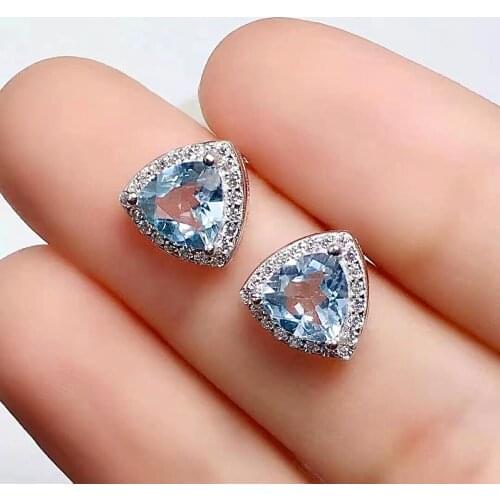 100% Natural Aquamarine Stud Earrings for Party 6mm Trillion Cut Aquamarine Earrings 925 Silver Aquamarine Jewelry