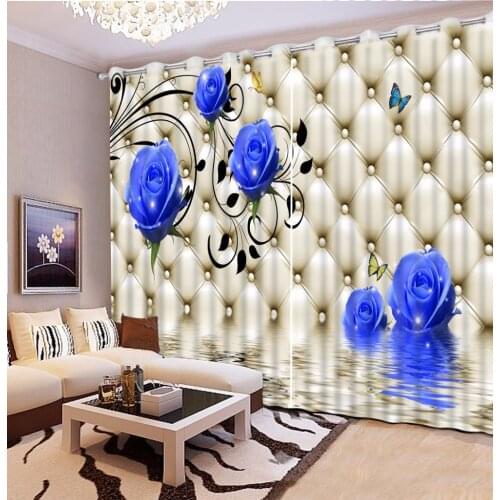 3D Curtain Fashion Plaid Blue Roses Curtains For Bedroom Custom Any Size 3D Curtain Blackout Curtain Living Room