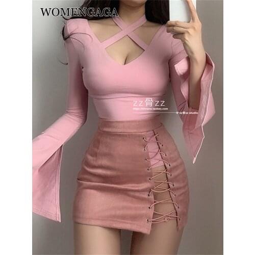 WOMENGAGA New Cross Bandage Low Chest V-neck Hollowed Out Flare Sleeve Temperament Sexy Long Sleeve Top Shrit Blouse VB1P