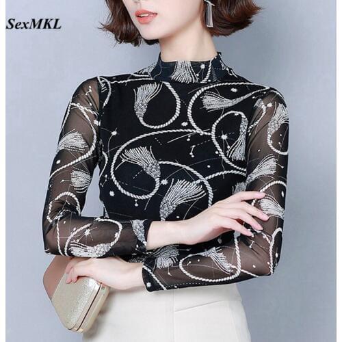 Women Mesh Top Plus Size 2020 Spring Summer Long Sleeve Blouses Womens Korean Printed Clothes Slim Office Black Blouse 3XL 4XL