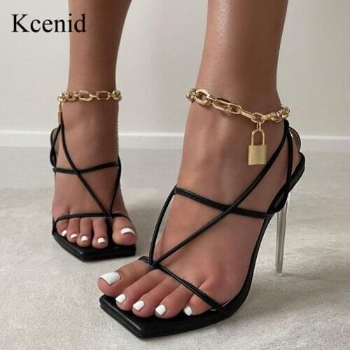 Kcenid Women Summer Sandals Fashion Chain Design Ladies Clear High Heels Party Dress Shoes Female Sexy Square Toe Thong Sandals
