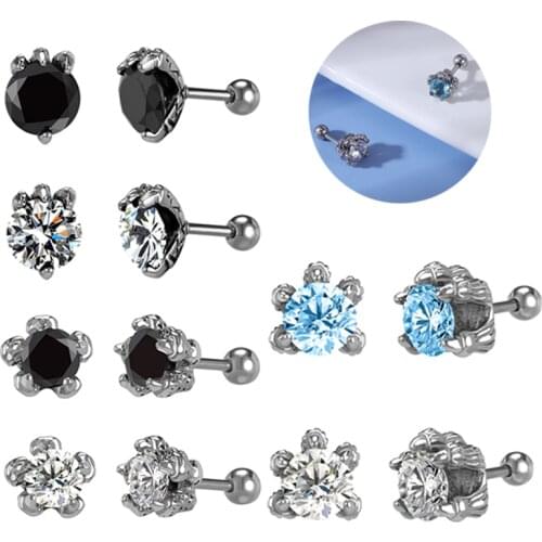 ZS 18G Black Blue Zirconia Stud Earrings for Women Stainless Steel Ear Studs Punk Cartilage Earrings Helix Conch Tragus Piercing