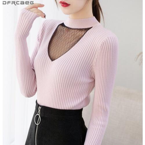 Elegant Mesh Lace Knit Sweater Women Vintage Autumn Winter Tops Knitted Turtleneck Pull Femme Hollow Out Sexy V-neck Pullover