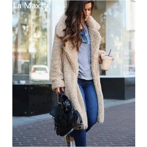 Women Faux Fur Teddy Coat Autumn Winter Jacket Overcoat Warm Fluffy Long Lapel Shaggy Plus Size Outwear Cardigan Slim Fur Coats