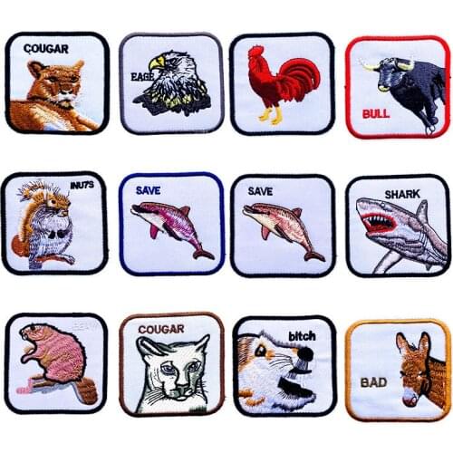 1PCS Bull Animals Iron on Squirrel Patches Animal Embroidered Patch Appliques for DIY T-shirt Jeans Jackets Cock Square Badges