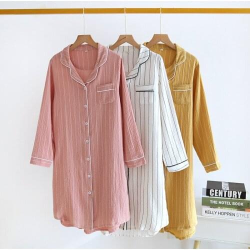 2021 Summer Womens Cotton Pajama Dress Shirts long-sleeved Nightgown Simple Plus Size Striped Home Loose Dormir Tops Long Dress