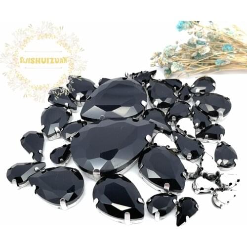 8 SIZES 35PCS Free shipping! Black Water drop shape Glass Crystal sew on rhinestones with calw Diy wedding decoration