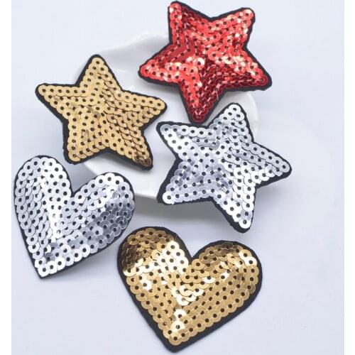 5Pcs Star Heart Decorated with Sequin Embroidery Applique Iron-on Glue for DIY Hat Clothes T-shirt Jeans Backpack Decor Patches