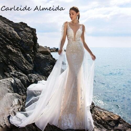 Vestidos Shinning Sequins Lace Mermaid Wedding Dresses with Lace Appliques & Pearls Bride Dress Mermaid Customized Suknia Slubna