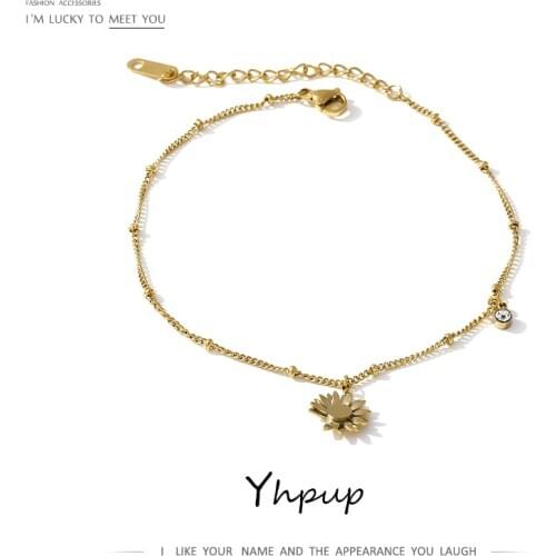 Yhpup Gold Bracelet Stainless Steel Jewelry Trendy Small Daisies Charm Barefoot Summer Chain Anklet for Women Girl Gifts 2020