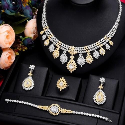 Brand Leaf Charms 4Pcs Luxury Nigerian Jewelry Set For Women Wedding Cubic Zircon Dubai Bridal Necklace Earring Bangle Ring Set