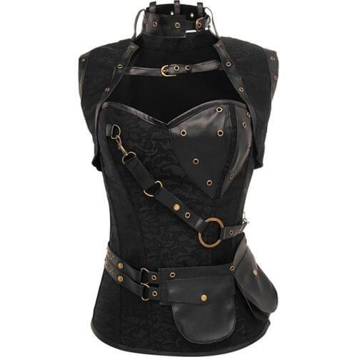 Black Brown Womens 13 Spiral Steel Boned Goth Retro Overbust Steampunk Pocket Bustier Corset With Jacket Plus Size S-6XL