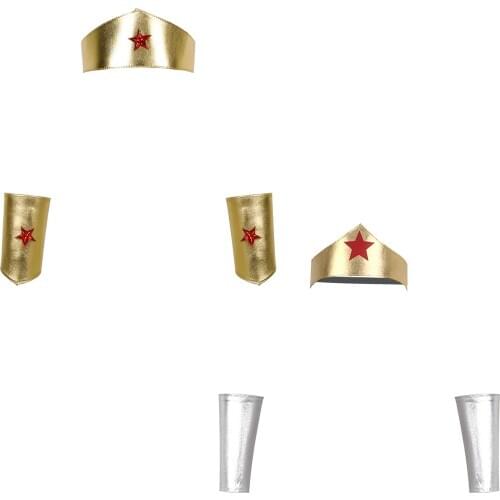 Women Adult Cosplay Costume Set Shiny Metallic Star Decor Tiara Headdress Cuff Halloween Party Role Play Outfit for Carnival