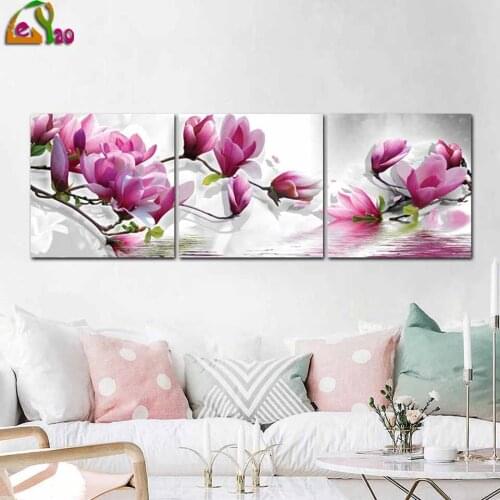Modern Art 5d Diy Diamond Painting Cross Stitch Wall Art Full Diamond Embroidery 3 Pieces Magnolia Flowers Decorative