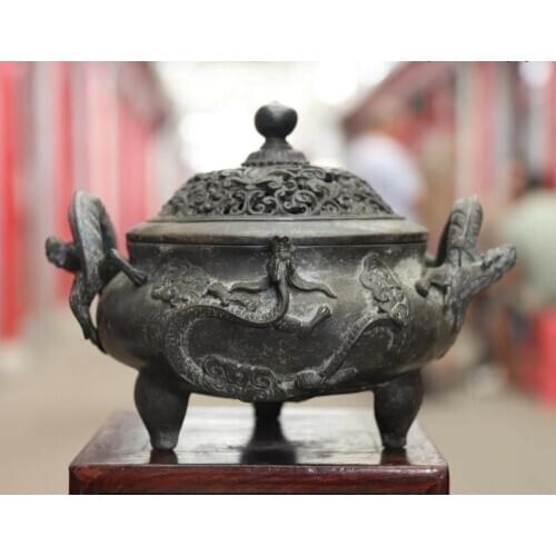 China Bronze Copper Royal Palace Feng Shui Dragon Incense Burner Censer BN5064