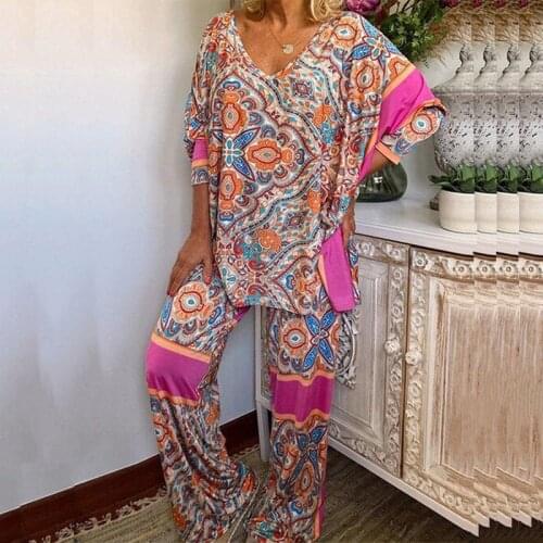 Women Vintage Print Two Piece Set Spring Long Sleeve Outfits Summer Casual Loose Pullover Tops+Long Pants Suits Streetwears 5XL