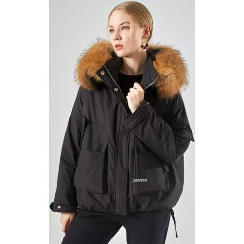 New Arrival Women Huge Real Raccoon Fur Collar 90% White Duck Down Jacket Short Detachable Linner Hooded Puffer Coat Outwear