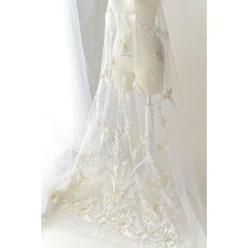 LASUI 3y=1lot Bird flower embroidery soft mesh lace fabric White +champagne +gold thread diy wedding dress fashion fabric X0454