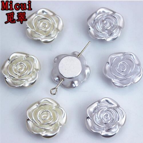 Micui 50PCS 18.5mm ABS Plastic rose Flower flatback beads Hole imitation pearl half beads for Clothing crafts Accessories ZZ691