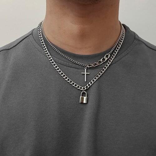 SHIXIN 2 Pcs/Set Layered Chain With Cross/Lock Pendant Necklace for Women/Men Punk Choker Necklaces on Neck 2020 Fashion Jewelry