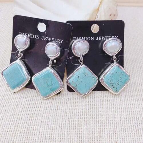 Natural Turquoise Pearl Stud Long Dangle Earring New Fashion Geometric Stone earring For Lady Woman 1pairs