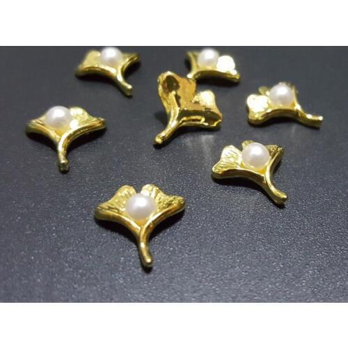 New 50pcs alloy Ginkgo biloba with pearls nail art charms gold Japanese nail jewelry decoration nail metal flower parts