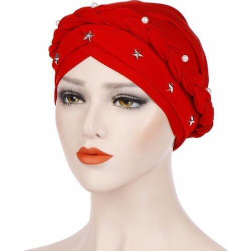 New Pearl Muslim Beanie Solid Braid Turban Cap Women Chemo Hats Elasticity Cotton Bandanas Female Headwear Hair Star Headscarf