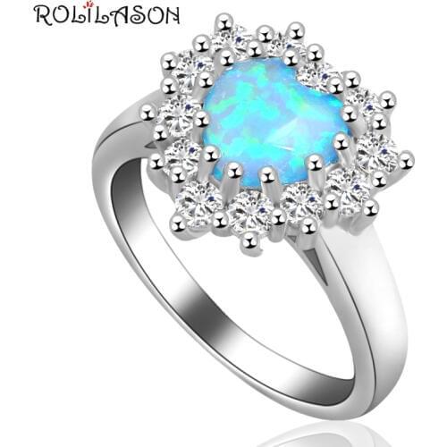 ROLILASON Heart Special designer brand new arrival Blue Fire Opal silver plated Stamped Rings USA #6 #7#8 #9 #10 OR647