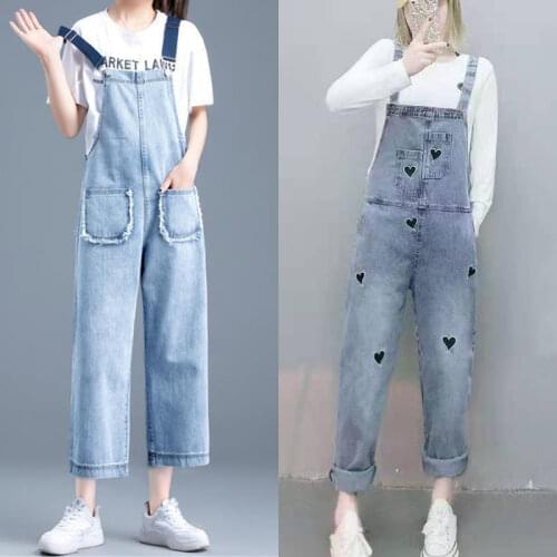 New Lady Blue Denim Overalls Jumpsuit Rompers Big Pocket Women Casual Fashion Love print Female Pants Hot