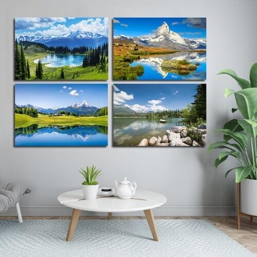 Natural Scenery Blue Sky Lake Mountain Prints Posters Wall Painting Forest Tree Canvas Art Print Living Room Bedroom Home Décor