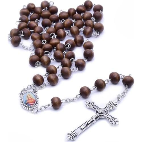 QIGO Brown Wooden Rosary Neckalce Christ Cross Catholic Necklace Religious Pray Jewelry For Men Women