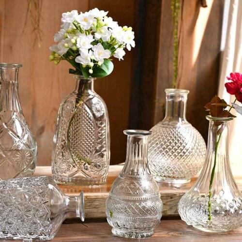 Retro Embossed Glass Bud Vase Bottle Pressed Glass for Cafes Home Party Wedding Flower Vase Centerpiece Decorations