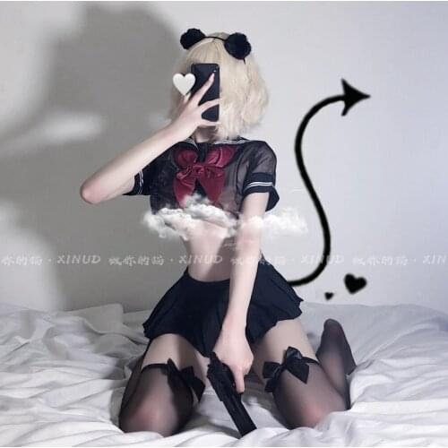 Looking Forward To The Weekend JK Navy Style Transparent Mesh Bow College Pleated Skirt Leaking Umbilical Suit Cosplay Lingerie