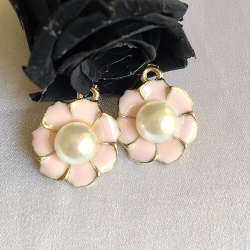 17*20MM 30Pcs/Pack Pink Flower Tone Glass Pearl & Glazing KC Gold Alloy Jewellery Charms Jewelry Pendants