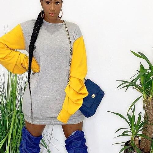 Patchwork Long Sleeve Sweatshirt Dress Women Drawstring Streetwear Casual Dress Mini Plus Size Dresses for Women Dropshipping