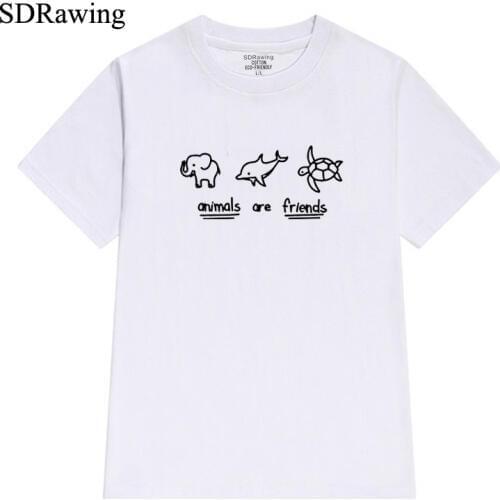 Funny Summer Women Cotton Tops Animals Are Friends Fun Letters Print Women T Shirt Unisex Men Tee Shirt Elephant Turtle Dolphin