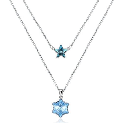ZEMIOR 925 Sterling Silver Snowflake Star Double Chains Pendant Necklaces For Women Blue Austria Crystal Stackable Necklace Bset