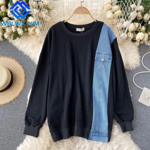 Denim Spliced Sweatshirt Women Fashion Patchwork Hoodies Long Sleeve O-Neck Oversize Pullovers Female High Quality Sweatshirts