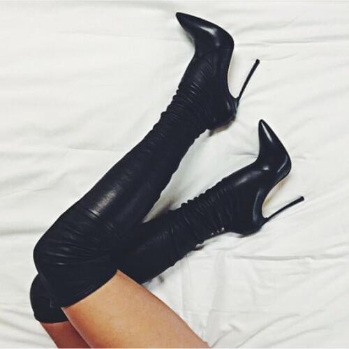 New fashion black stretch leather thigh high boots sexy pointed toe high heel boots for woman slim fit over the knee boots
