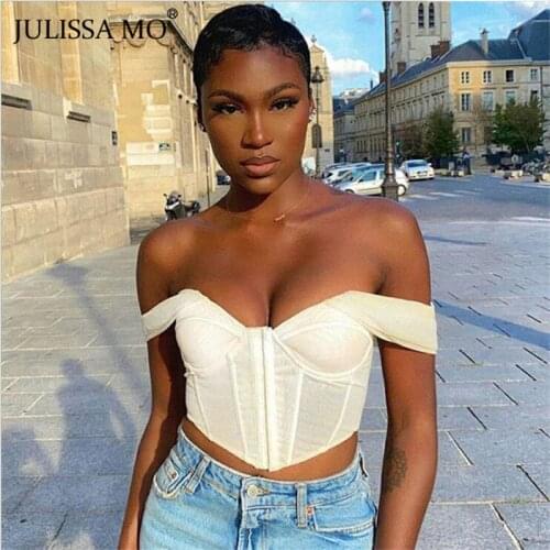 JULISSA MO Sexy Off Shoulder Mesh Tank Tops Women Pink Strapless Backless Cropped Tee Autumn Streetwear Breasted Corset Top 2020