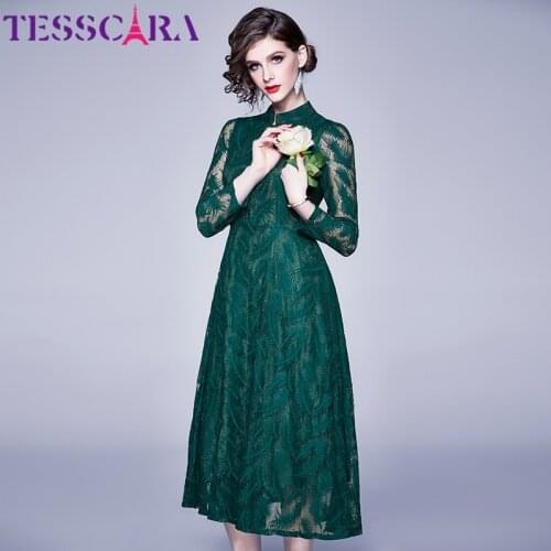 TESSCARA Women Spring & Autumn Long Elegant Lace Dress Shirt High Quality Cocktail Party Robe Femme Vintage DesignerVestidos