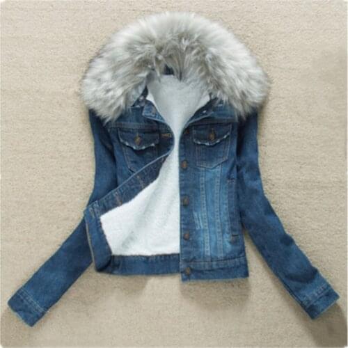 Women Autumn Winter Overcoat Long Sleeve Faux Fur Collar Denim Jacket Plus Velvet Parka Thick Loose Warm Jean Coat