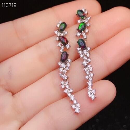Black Opal Long Earring Natural Ethiopian Opal 925 Sterling Silver Gemstone Fine Jewelry for Women Nice Gift 3*5mm