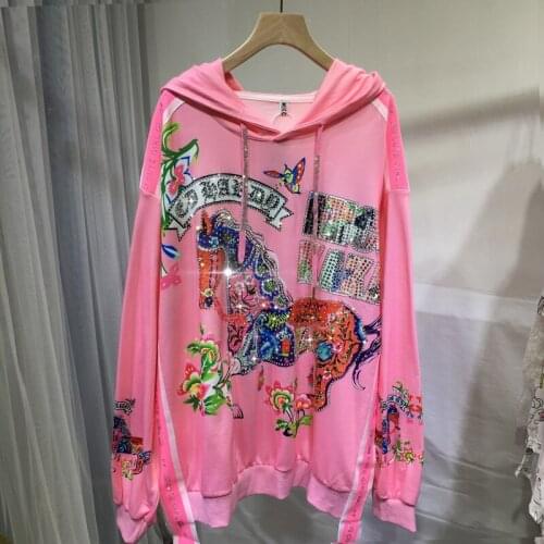 European Autumn New Heavy Industry Hot Rhinestone Pony Loose Thin Hooded Pink Printed Mid-length Hoodies Sweaters Women 2021
