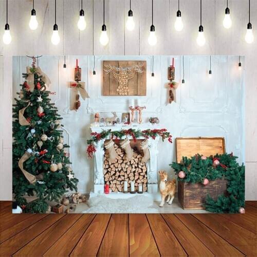 Christmas tree backdrop for photography wood fireplace vintage dress up x-mas party decoration supplies background for photo