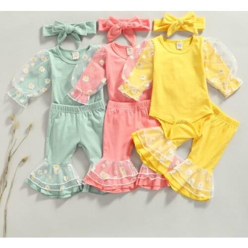 3 Pcs Newborn Daisy Pattern Outfits, Baby Girls Mesh Patchwork Long Sleeve Playsuit + Flared Pants + Headband Spring Autumn